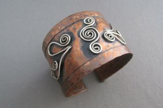 Vintage Hammered Copper Sterling Wire Coil Spiral Wide Bangle Cuff Bracelet