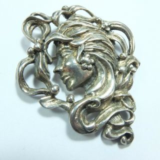 Solid Silver Large Art Nouveau Style Ladies Face/head Brooch Marked 925 Ethereal