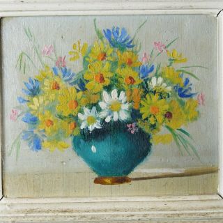 French Vintage Oil Painting On Board Bouquet Of Flowers Signed Lusi