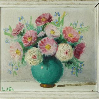 French Vintage Oil Painting on Board Bouquet of Flowers signed Lusi 2