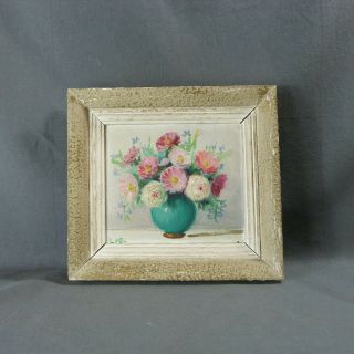 French Vintage Oil Painting on Board Bouquet of Flowers signed Lusi 3