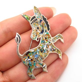 925 Sterling Silver Vintage Mexico Colorful Enamel Stubborn Donkey Pin Brooch
