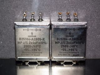 Two Vintage Siemens Pio Capacitors 2x4 Uf / 250v Klangfilm,  Glass End Seal