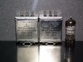 Two vintage Siemens PIO capacitors 2x4 uF / 250V Klangfilm,  glass end seal 3