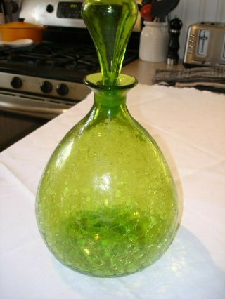 Vintage Blenko Crackled Glass Green Decanter Large 13 1/2 "
