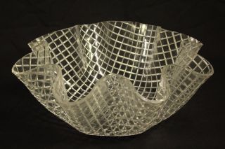 Vintage Lucite Art Acrylic Beveled Diamond Quilt Ruffled Basket Salad Punch Bowl