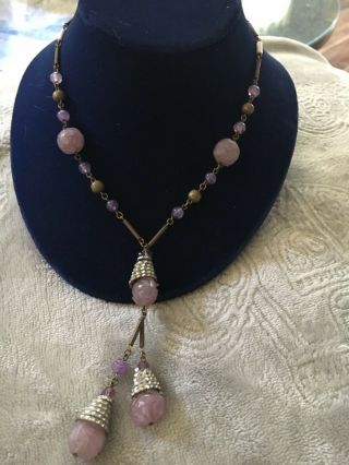 Vtg Art Deco 1930s 17” Necklace Lavender Peking Carved Glass Beads Czech