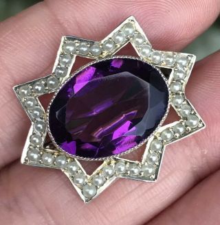 Antique /vintage Sterling Silver Faux Seed Pearl Amethyst Glass Star Brooch/pin