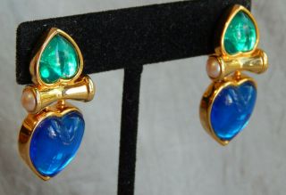 Joan Rivers Clip On Earrings Dangle Green Blue Hearts 016 - R