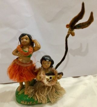 Vintage Hula Girls 2 - Arm Away Putz Palm Tree Dancing Uke Nodder Bobble Chenille