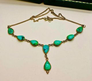 Vintage Jewellery Sterling Silver Green Turquoise Drop Necklace