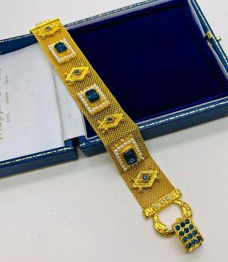 Vintage Jewellery Sapphire Rhinestone/faux Pearl Mesh Bracelet