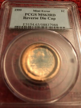 1999 1c Lincoln Cent Penny Error Pcgs Ms63rd Reverse Die Cap Rare
