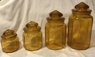 Vintage L.  E.  Smith 4 Piece Amber Gold Glass Canister Set With Lids Euc