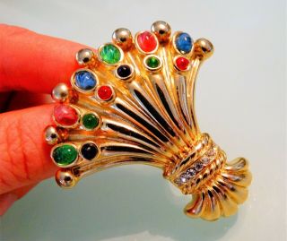 Vtg Signed Made Italy Couture Ruby Emerald Gripoix Jeweled Flower Bouquet Brooch
