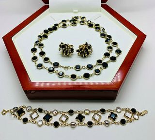 Vintage Black/clear Bezel Set Crystal Necklace/bracelet/earrings (one Swarovski)