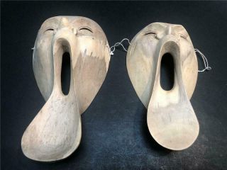 Vintage Japanese Carved Wood Screaming Masks