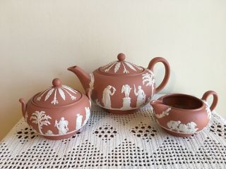Rare Wedgwood Terra Cotta Jasperware Tea Set 1950s Teapot Sugar W/lid Creamer