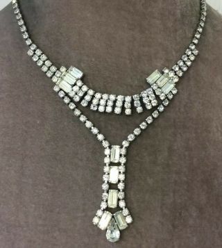 Vintage Art Deco Jewellery Sparkling Crystal Baguette Pendant Drop Necklace