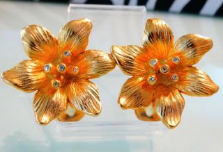 Vtg Christian Dior Huge 3 - D Domed Gold Gilt Glass Crystal Flower Runway Earrings