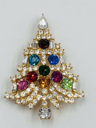Vtg Eisenberg Ice Signed Multi Colored Rhinestones Christmas Tree Brooch
