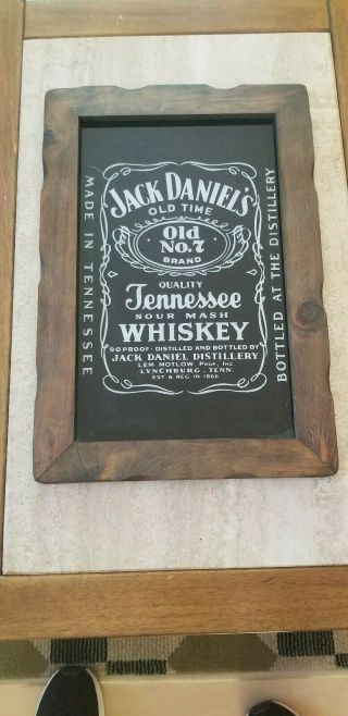 Vintage Jack Daniels Black Painted Glass In Reclaimed Wood Frame