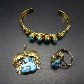Vintage Navajo 3 - Piece 12k Gold Filled Set & Sleeping Beauty Turquoise Ring Cuff