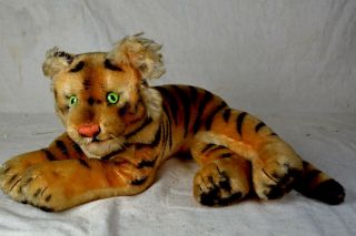 Vintage Steiff Mohair Laying Down Tiger With Green Glass Eyes 16 "