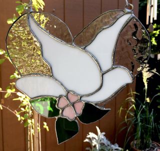 Vintage Dove Heart Flower Suncatcher Stained Glass Window Art Panel W/ Chain