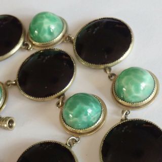 Vintage Geometric Art Deco Gilt Brass Green Black Czech Glass Discs Necklace