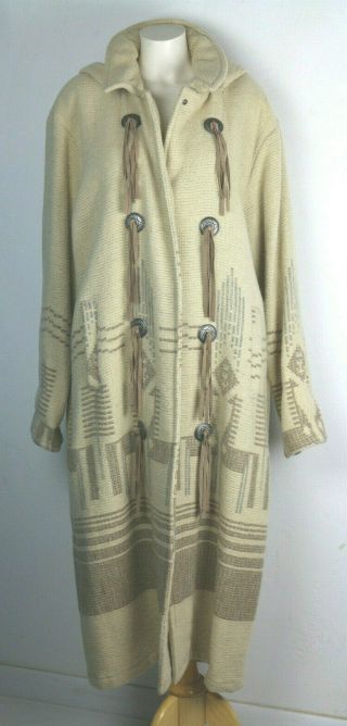 Vtg Woolrich Coat Wool Blend Blanket Long Duster Aztec Horses Cream & Beige Lg