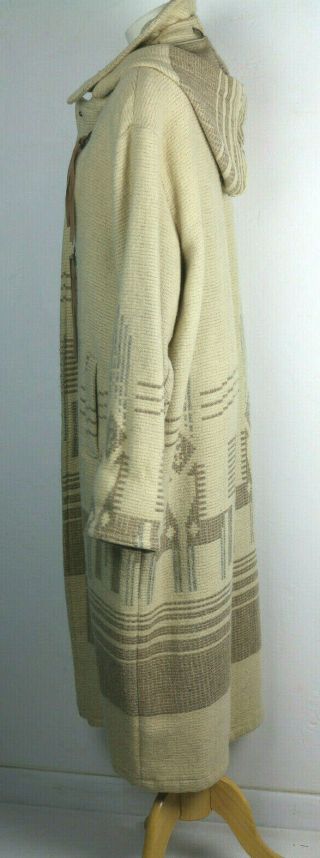 VTG Woolrich Coat Wool Blend Blanket Long Duster Aztec Horses Cream & Beige LG 3
