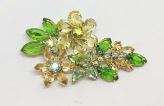 Vintage Yellow & Green Aurora Borealis Rhinestone Goldtone Brooch Pin Juliana?