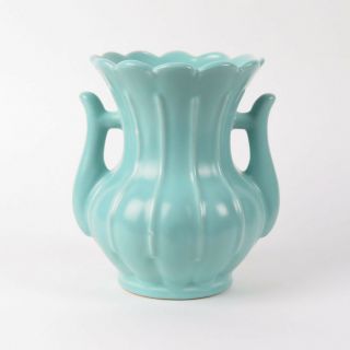 Rumrill Pottery Vase Vtg Art Deco 1930s Red Wing Aqua Blue Green Ribbed Handles