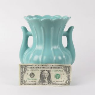 Rumrill pottery vase vtg Art Deco 1930s Red Wing aqua blue green ribbed handles 2