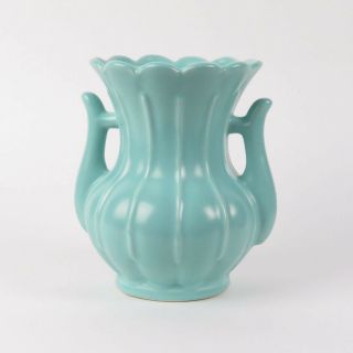 Rumrill pottery vase vtg Art Deco 1930s Red Wing aqua blue green ribbed handles 4