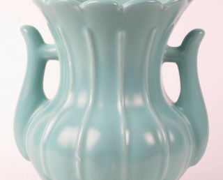 Rumrill pottery vase vtg Art Deco 1930s Red Wing aqua blue green ribbed handles 6