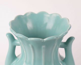 Rumrill pottery vase vtg Art Deco 1930s Red Wing aqua blue green ribbed handles 7