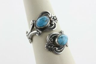 Beau Sterling Silver Vintage 925 Spoon Style Turquoise Bypass Wrap Ring Sz 9 Adj
