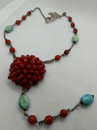 Vintage Designer Coral Turquoise 925 Sterling Silver Floral Pendant Necklace 4