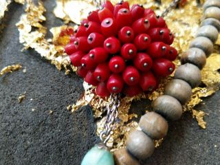 Vintage Designer Coral Turquoise 925 Sterling Silver Floral Pendant Necklace 8