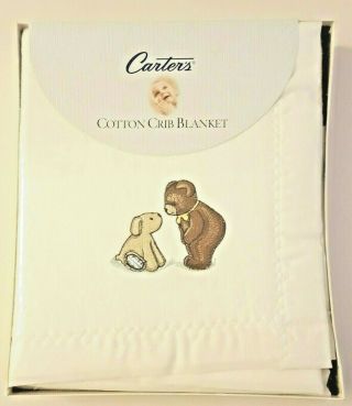 Vintage Carters Baby Blanket White Cotton Fleece Satin Trim Bear Puppy Dog