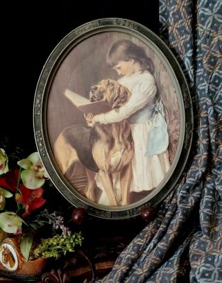 Antique Oval Young Lady W Hound Dog Print Oval Antique Frame 12.  5 X 15.  5 ".  Lp