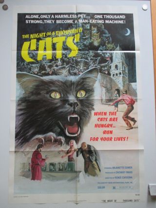 Vintage Night Of 1000 Cats 1 - Sheet 27x41 Grindhouse Horror Vf 1974 Ultra Rare