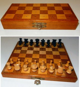 Vintage English Wooden Travel Chess Set With Folding Case / Board