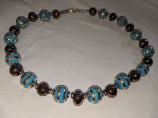 Vintage Venetian Turquoise Copper Art Glass Bead Necklace 18 " In Length