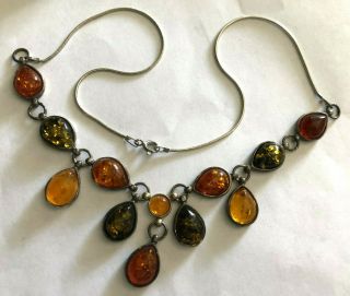 Vintage Cognac Baltic Amber 925 Sterling Silver Dangling Link Necklace,  19.  4 Gr