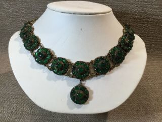 Real Victorian Mid 19th Century Green Glass Stone Gold Necklace Choker