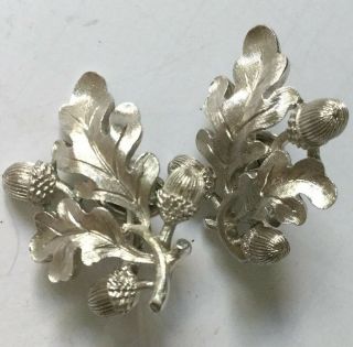 Crown Trifari Acorn And Oak Leaf Earrings Clip On Textured Rhodium Plated 1960s