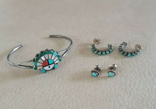 Vintage American Indian Native Zuni Cuff Bracelet & 2 Pair Earrings Turquoise